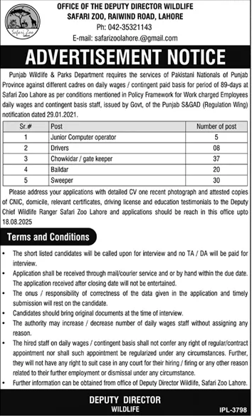Wildlife Company Lahore Tender Notice